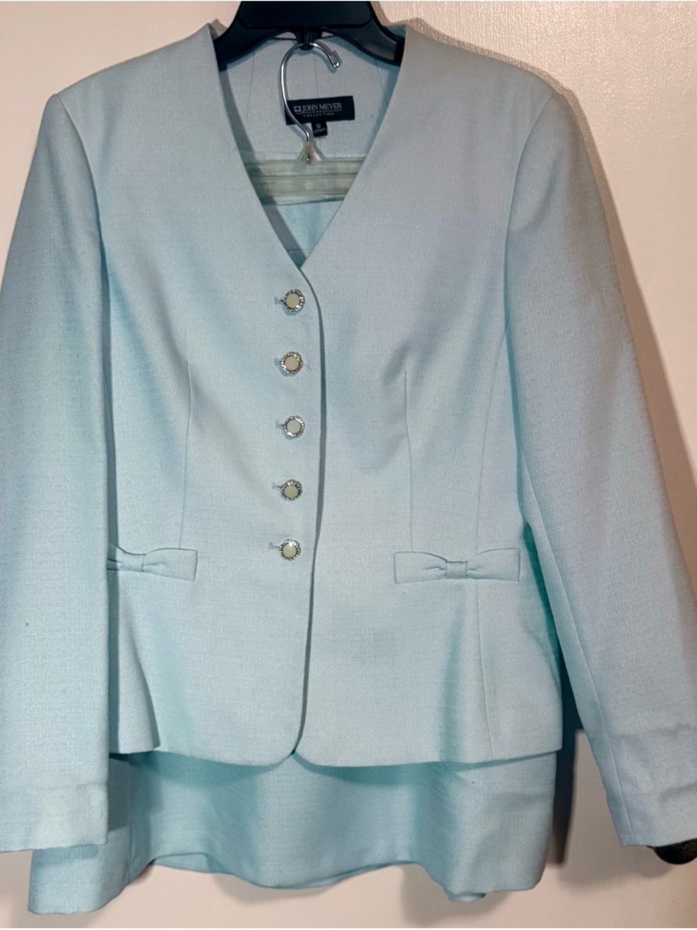 John Meyer Powder Blue Bow Accent Blazer & Skirt Suit